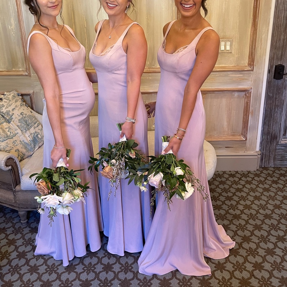 Watters blush brideamaid dress with lace detailing